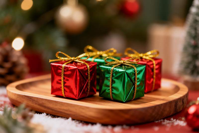 圣诞礼物盒摆放在木质托盘上图片