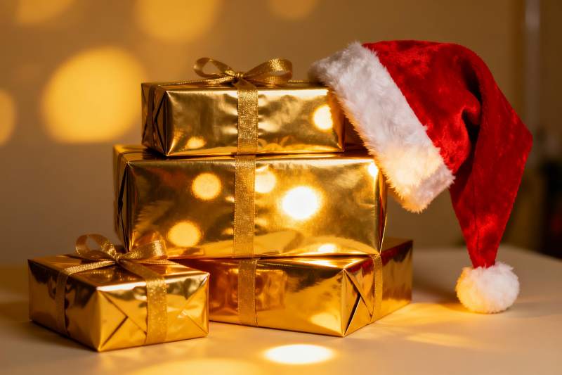 金色礼盒圣诞帽节日装饰图片