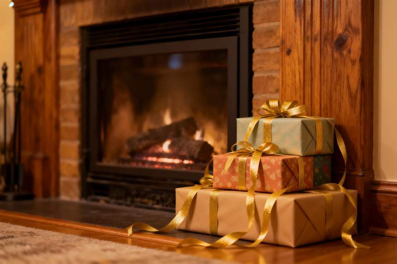 壁炉旁的节日礼物图片
