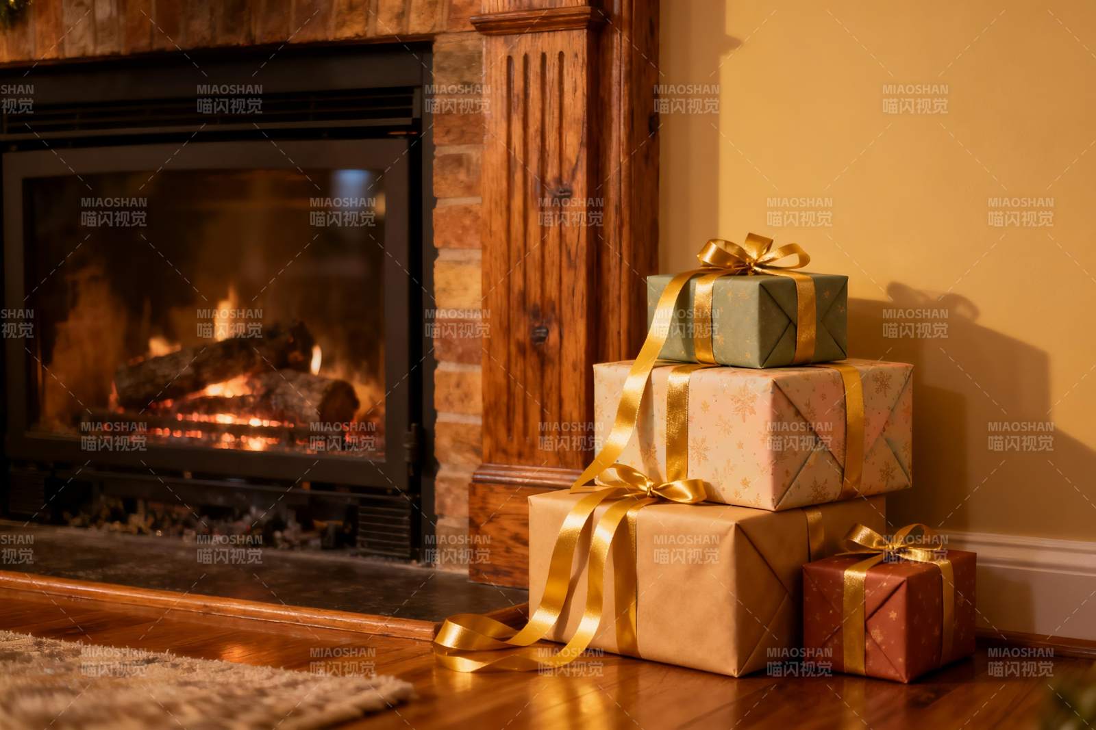 壁炉旁的节日礼物堆图片