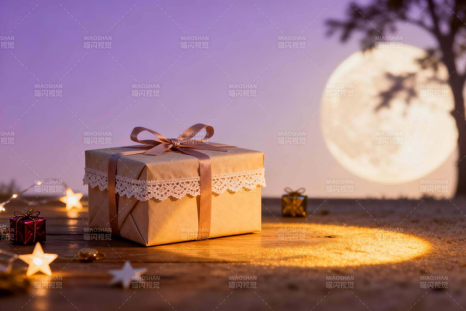 月下礼盒星光点缀浪漫场景图片