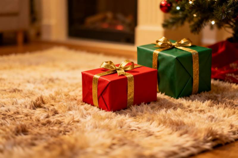 圣诞树旁的红色绿色礼物盒图片