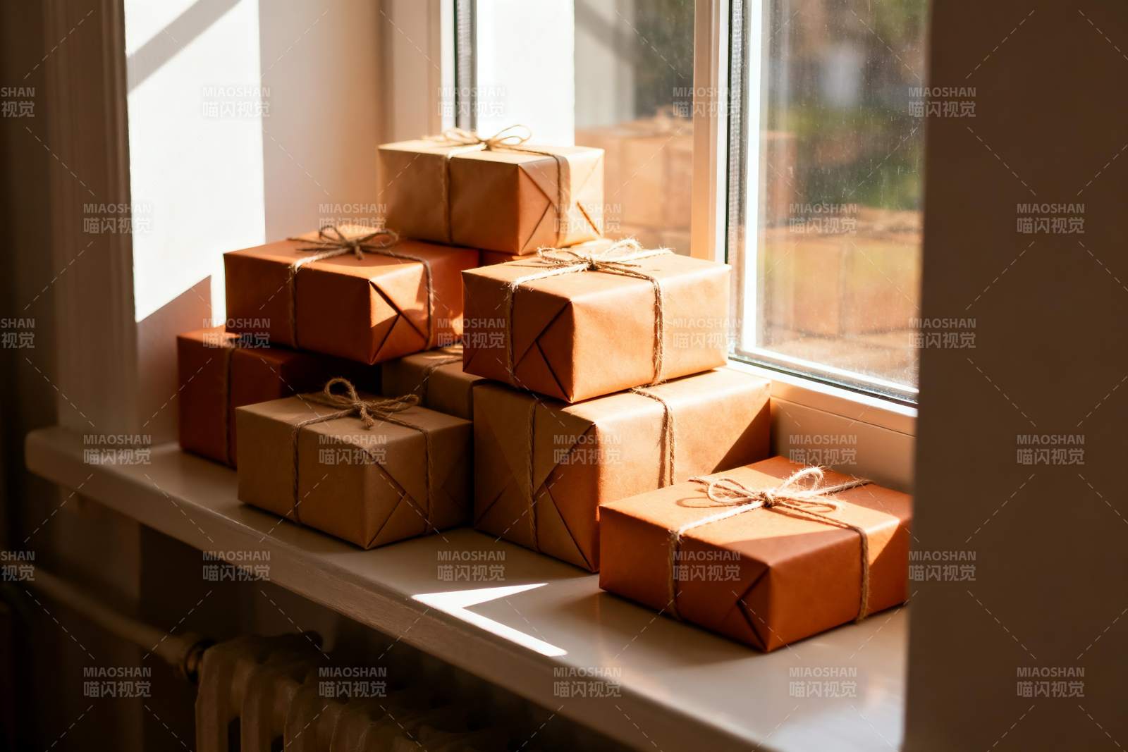 窗台包裹堆叠光影温馨图片