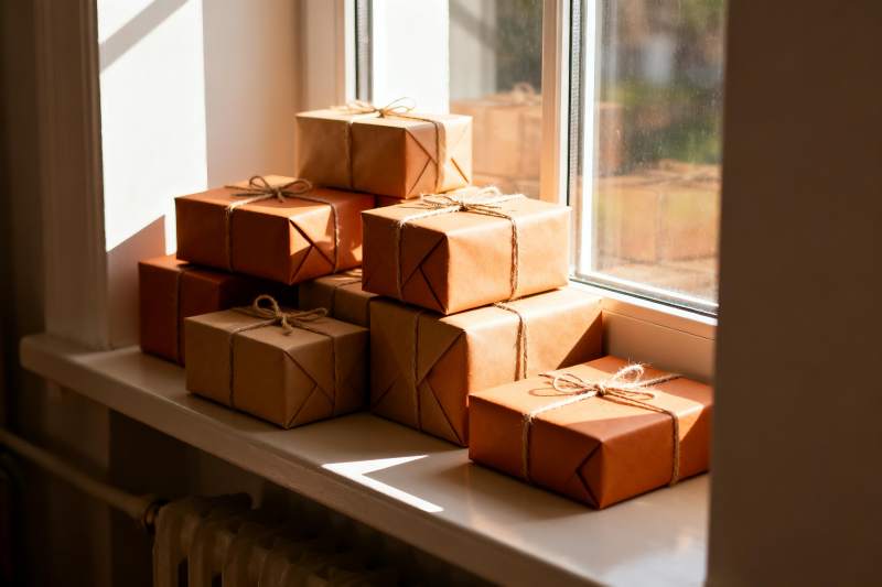 窗台包裹堆叠光影温馨图片