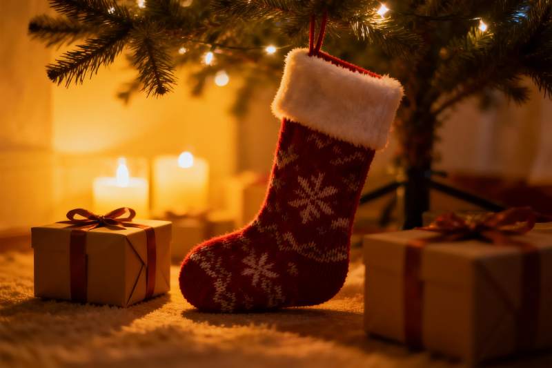 圣诞树下礼物袜子温馨场景图片