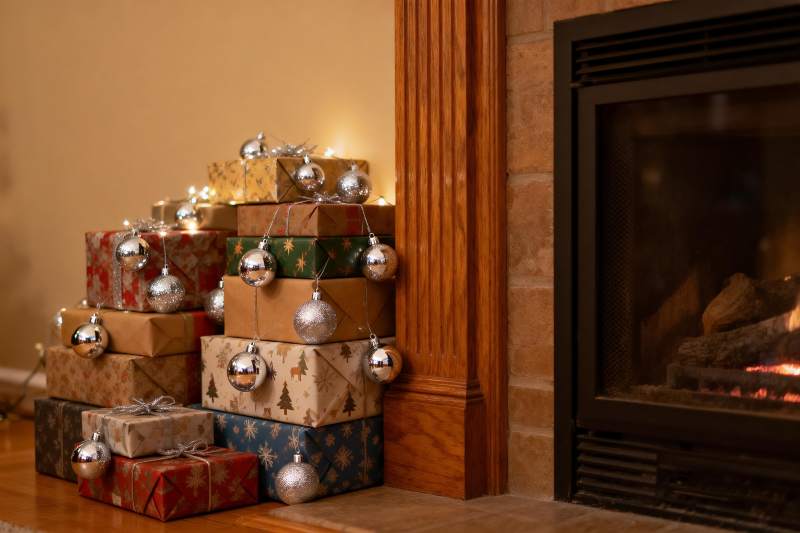 壁炉旁圣诞礼物堆图片