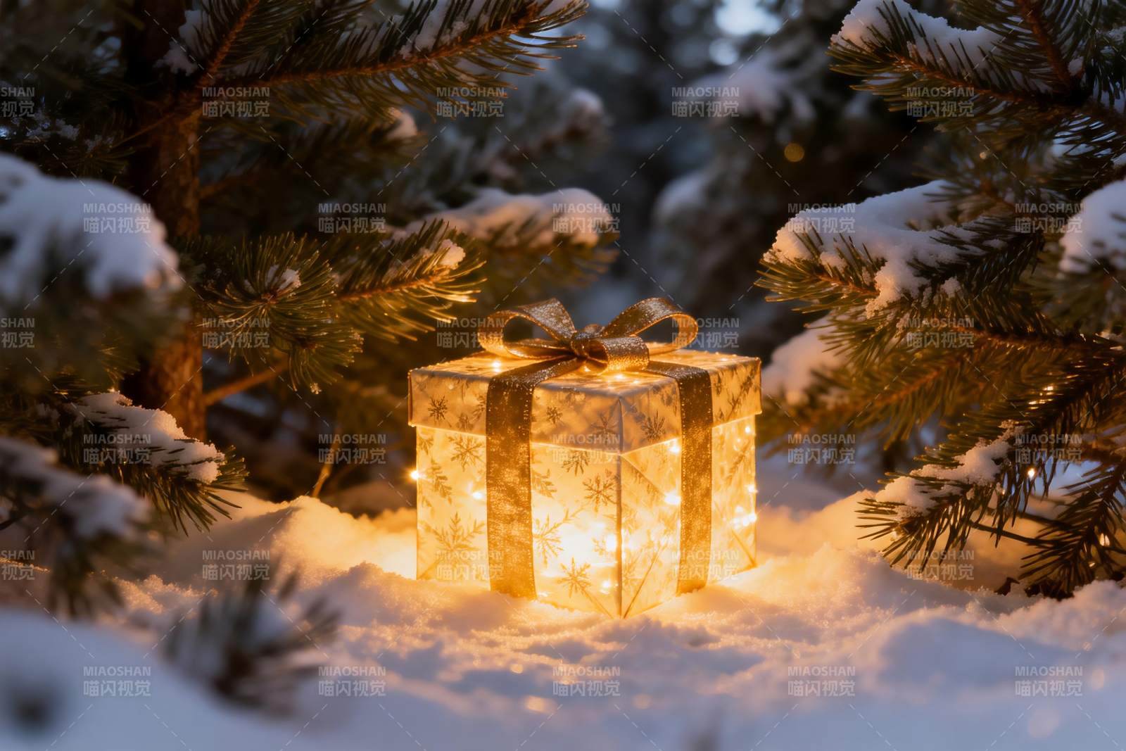 雪夜松林中的发光礼盒图片