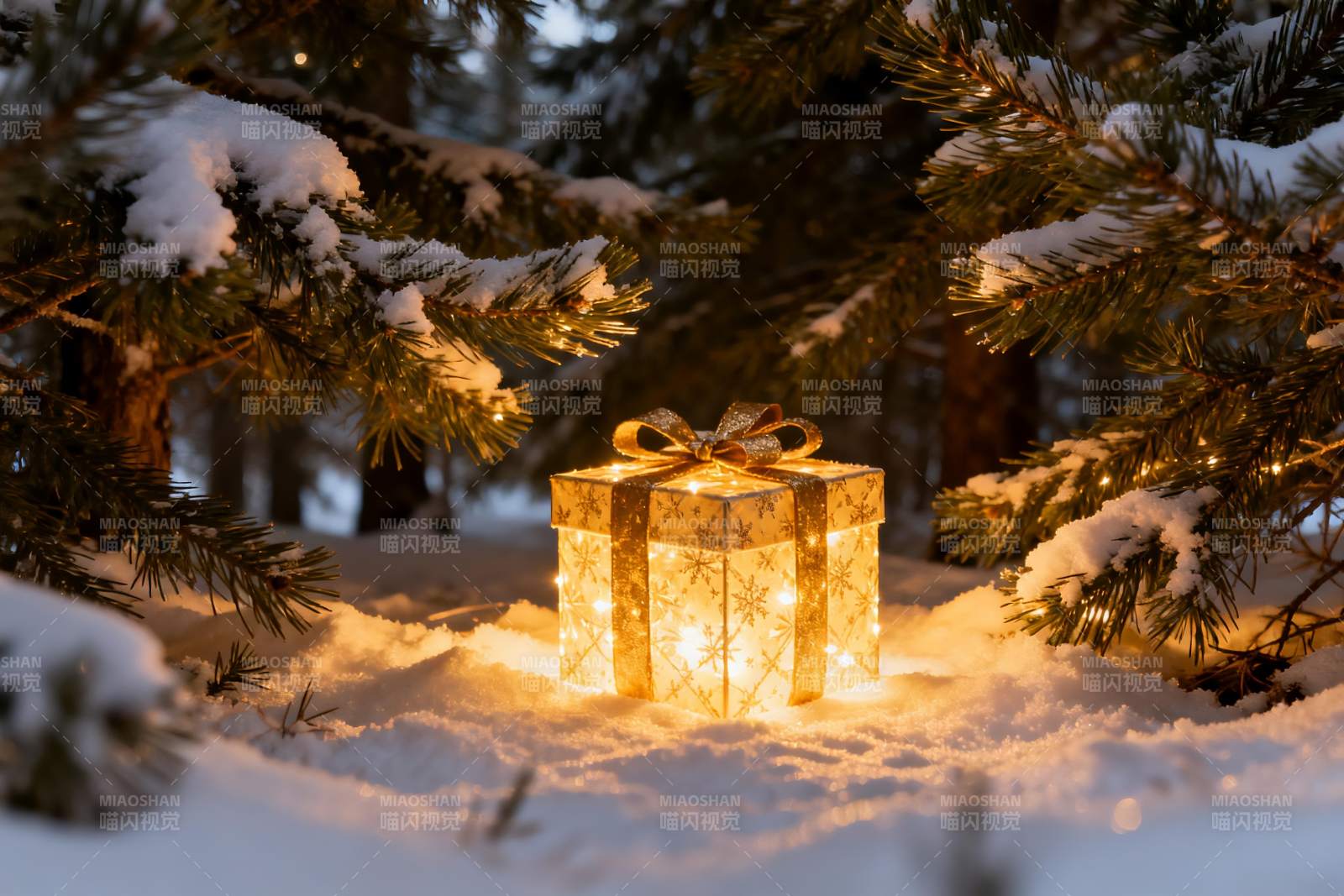 雪夜松林中的发光礼盒图片