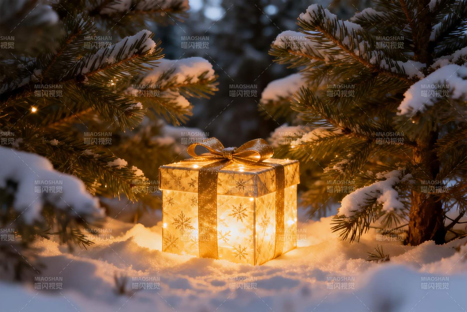 雪地圣诞礼盒温馨静景图片