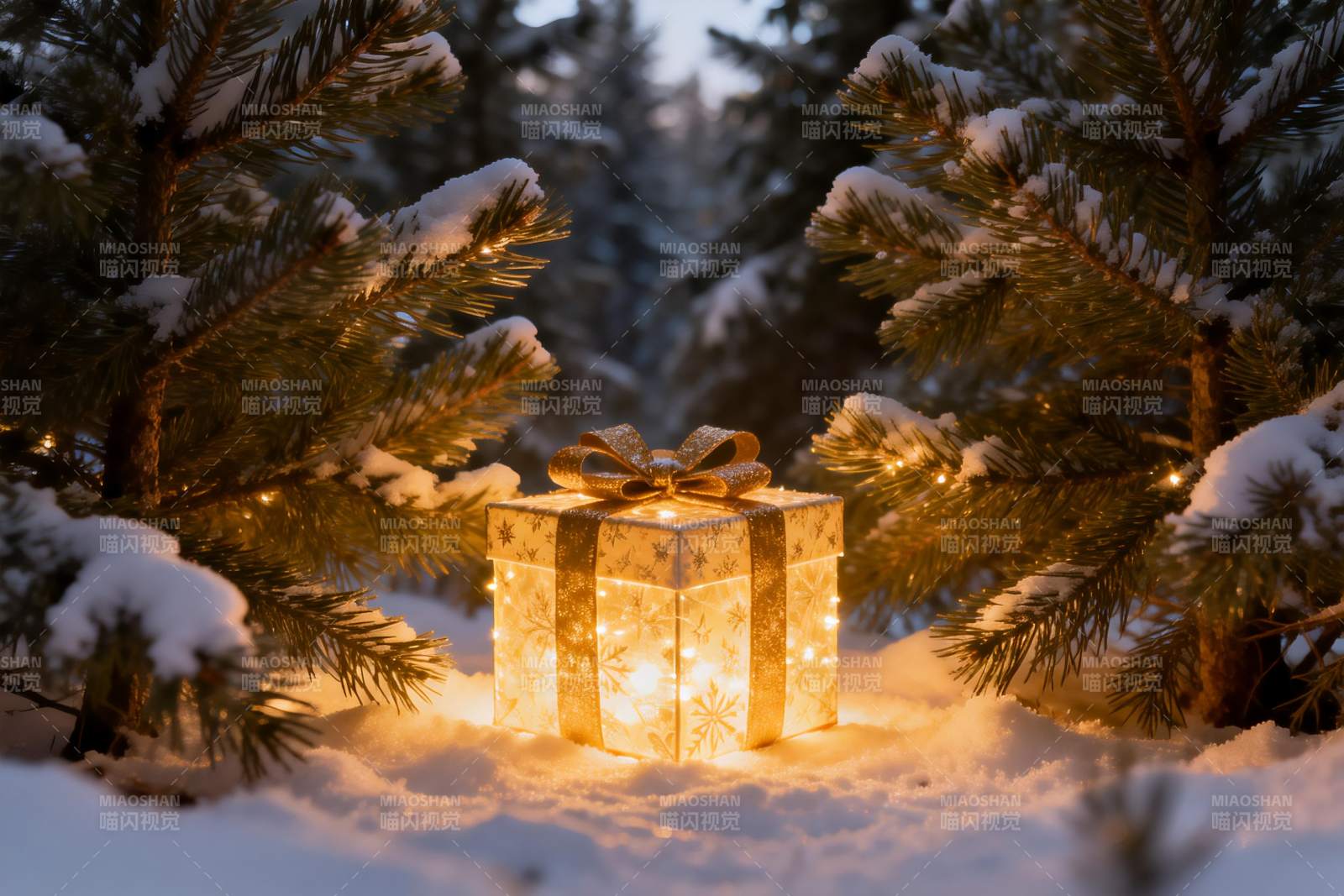 雪地圣诞礼盒灯光闪烁图片
