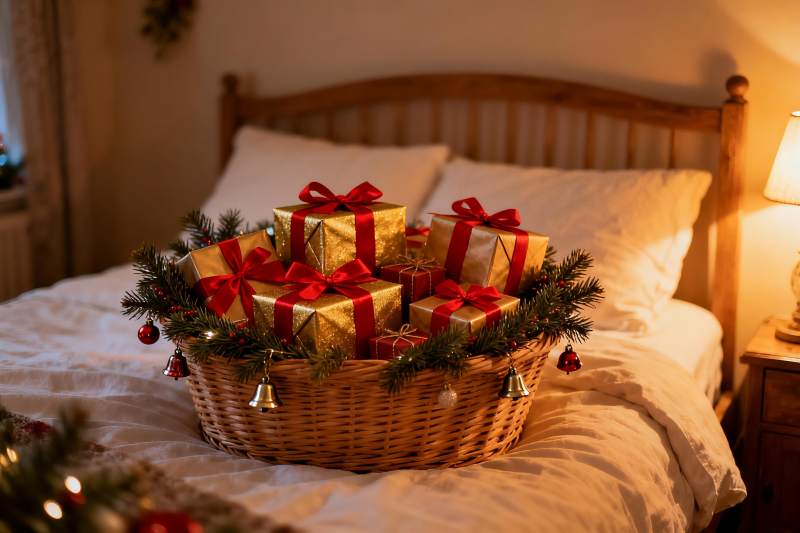 圣诞礼物篮摆床头温馨节日氛围图片