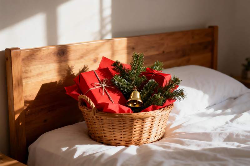 床头篮装圣诞礼物与松枝图片