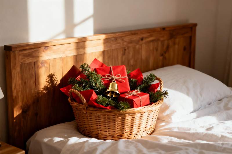 床头篮装圣诞礼物温馨场景图片