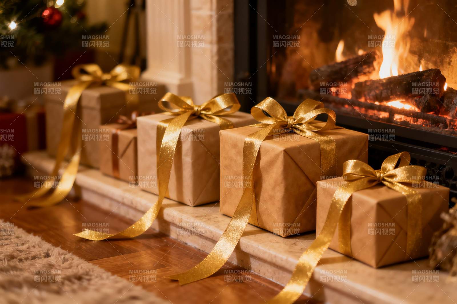 壁炉前的节日礼物盒图片