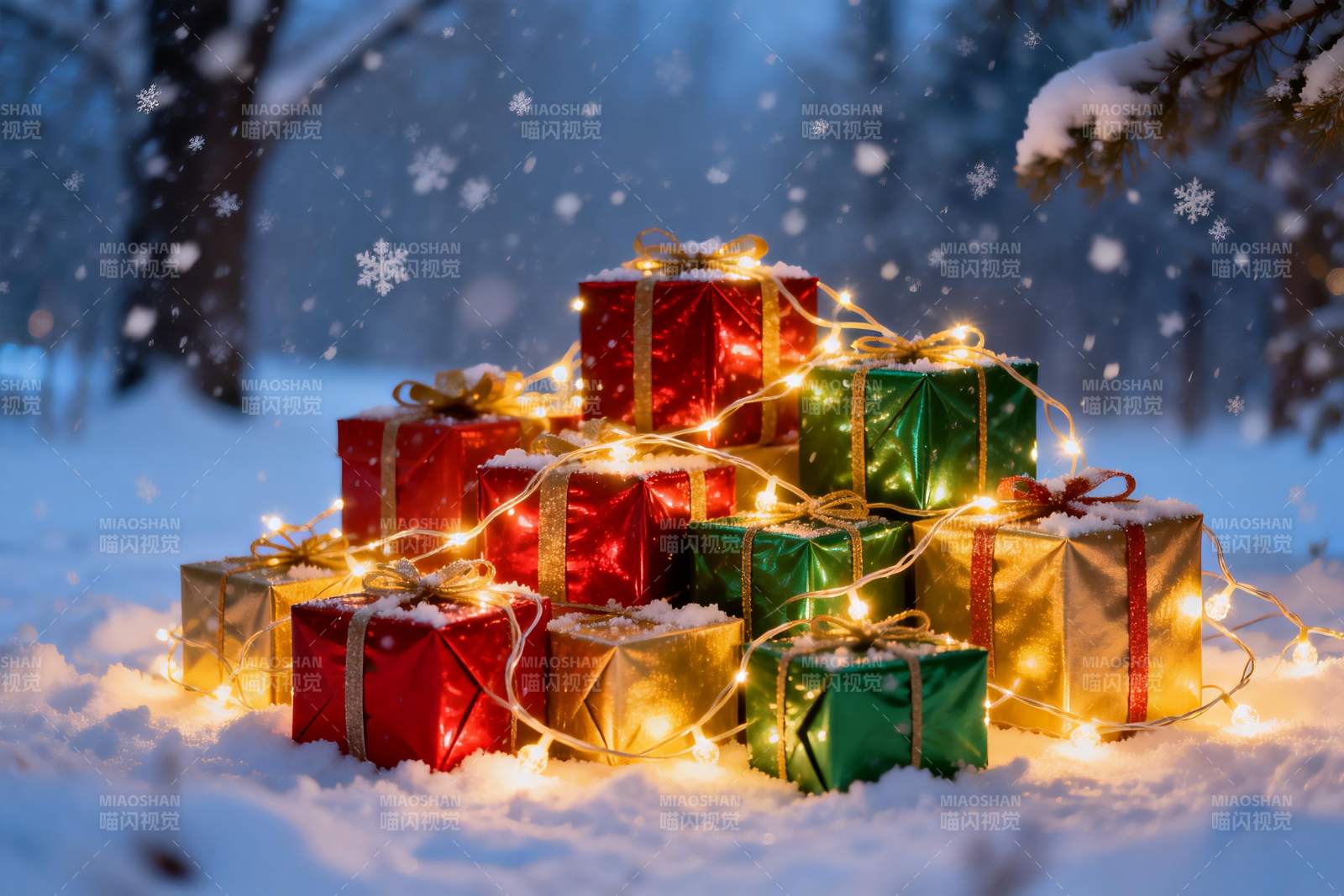 雪地礼盒堆叠灯光闪烁图片