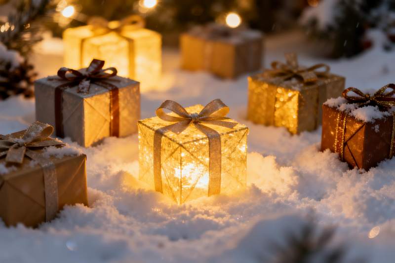 雪地礼盒灯光闪烁节日氛围图片