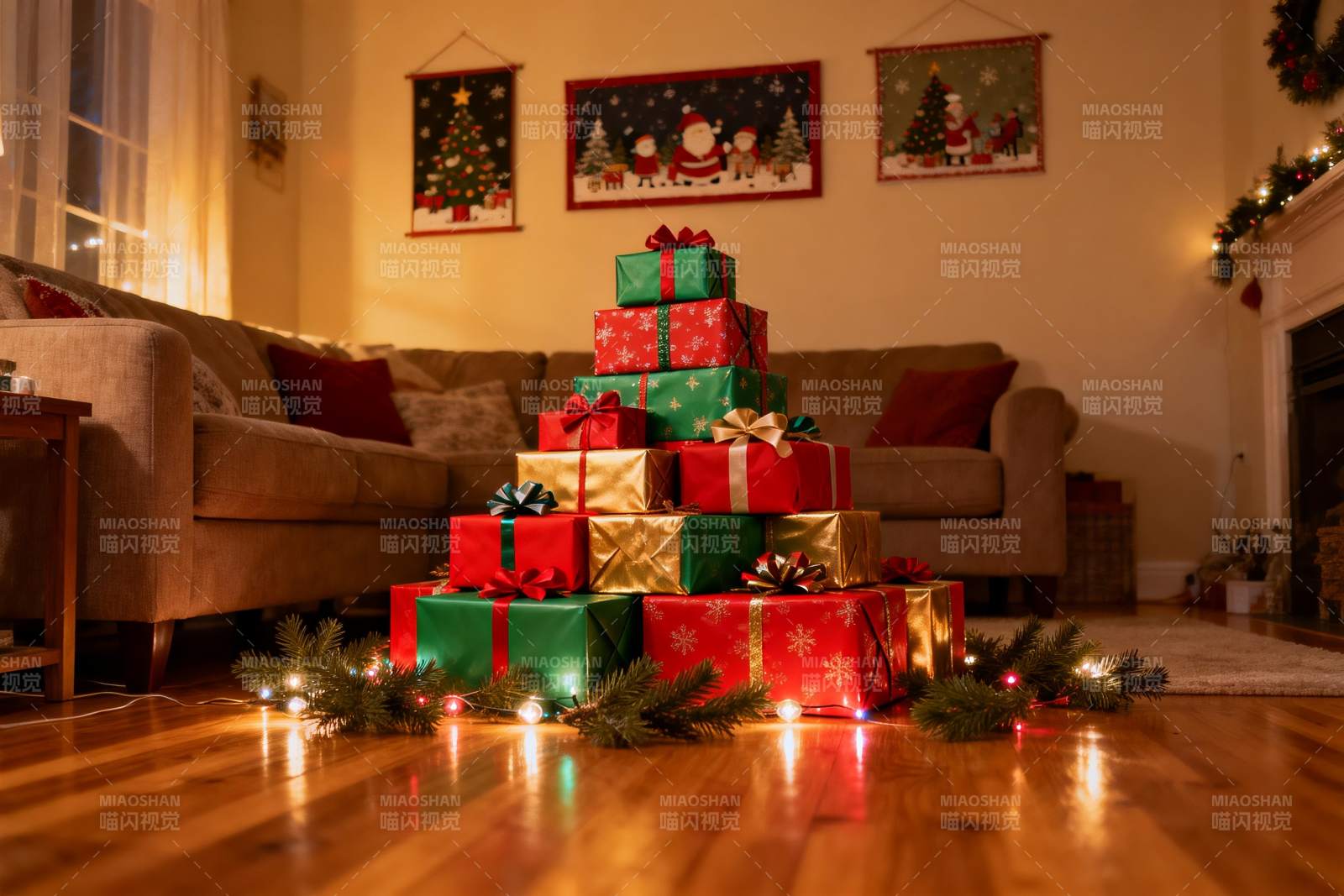 圣诞礼物堆叠客厅温馨场景图片