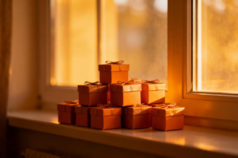 窗台阳光下的礼物盒堆叠图片