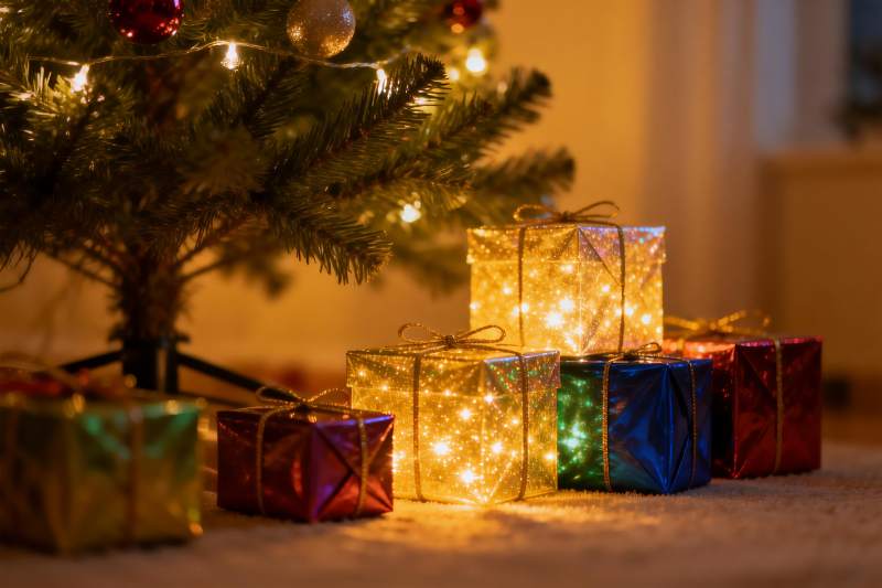 圣诞树下彩灯礼盒温馨场景图片