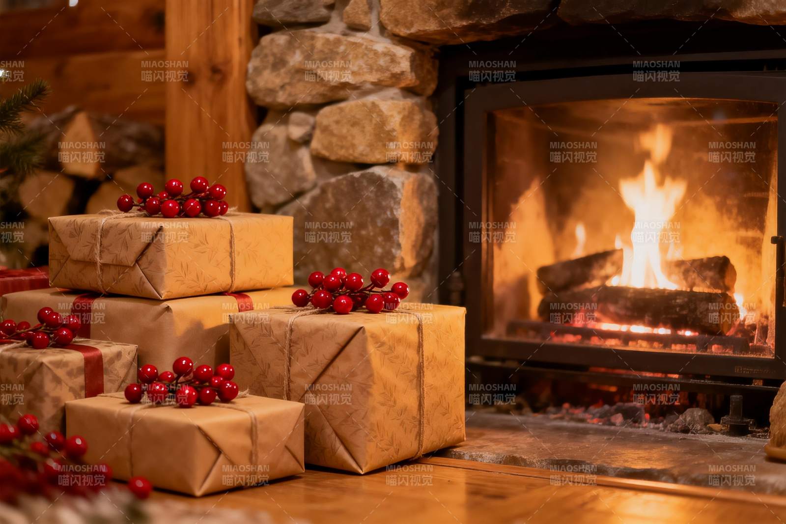 壁炉旁的节日礼物与红果图片