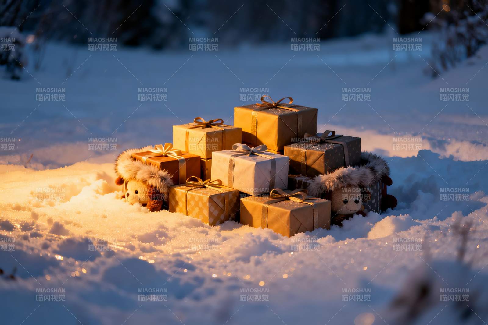 雪地礼物堆与毛绒玩具图片