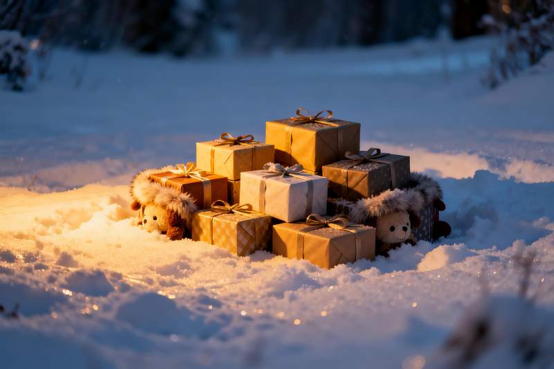 雪地礼物堆与毛绒玩具图片