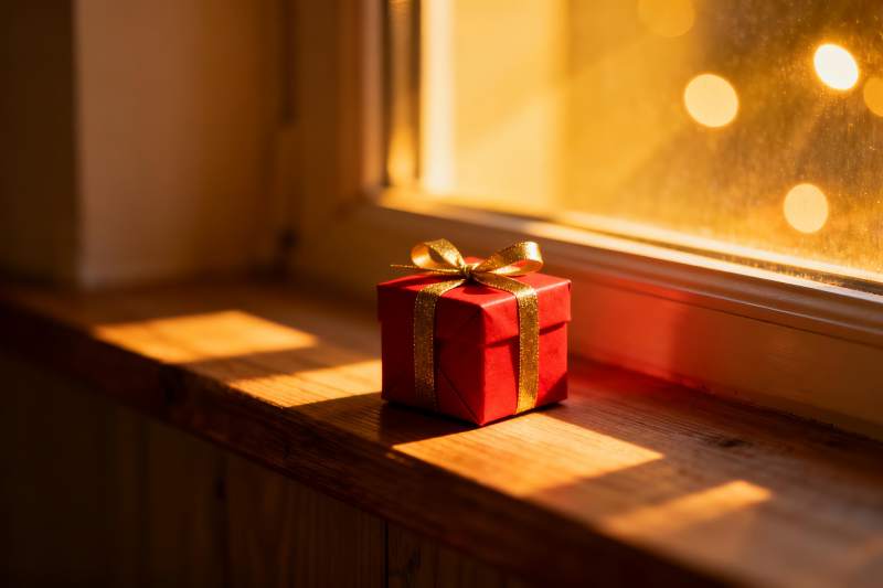 阳光窗台上的红色礼盒图片