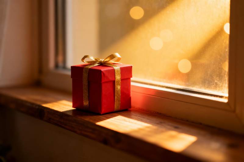 阳光窗台上的红色礼盒图片