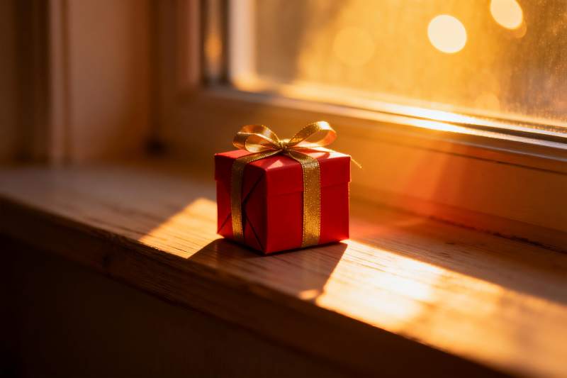 阳光窗台上的红色礼盒图片