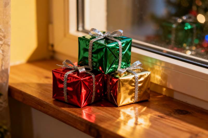 窗台三礼盒光影交错图片