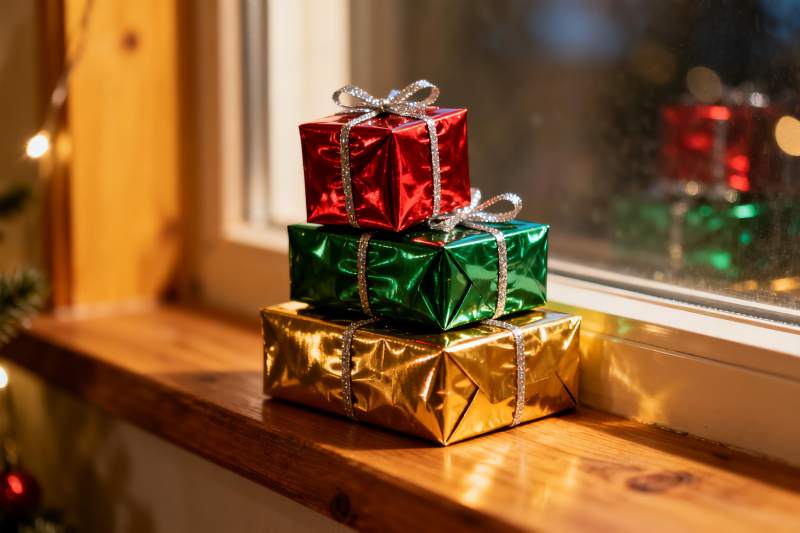 窗台三礼盒节日氛围温馨图片