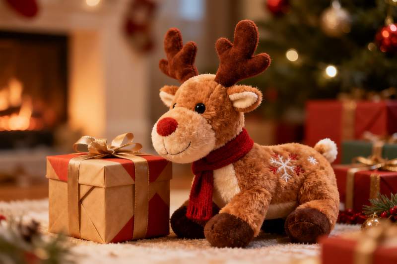 圣诞鹿玩偶与礼物盒温馨场景图片