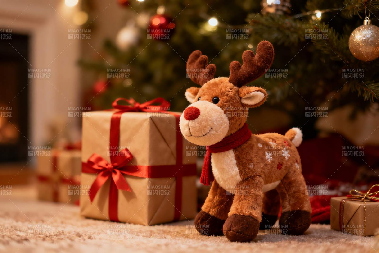 圣诞树下毛绒玩具与礼物图片