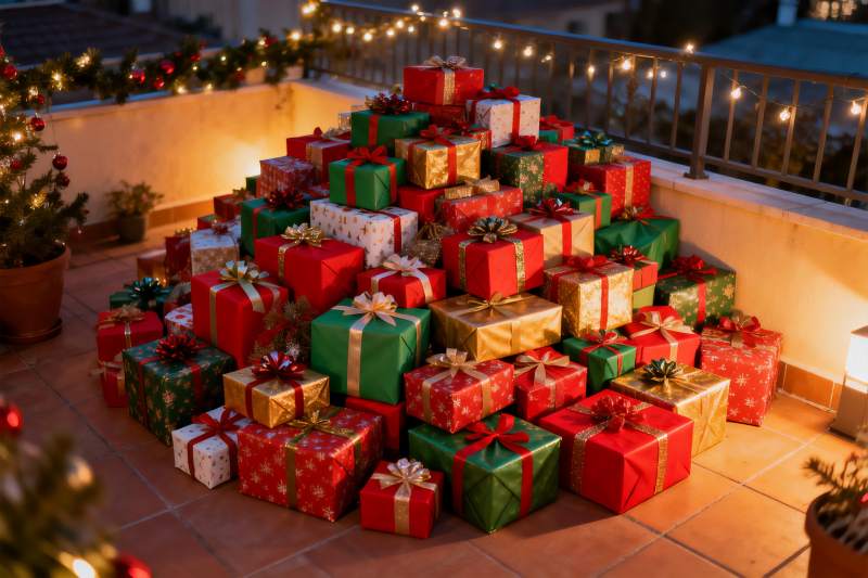 节日阳台堆满圣诞礼物盒图片