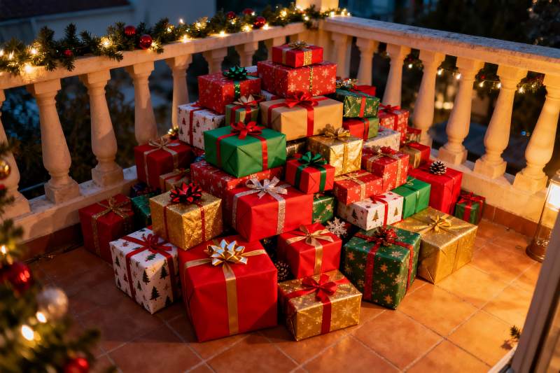 节日阳台堆满圣诞礼物盒图片