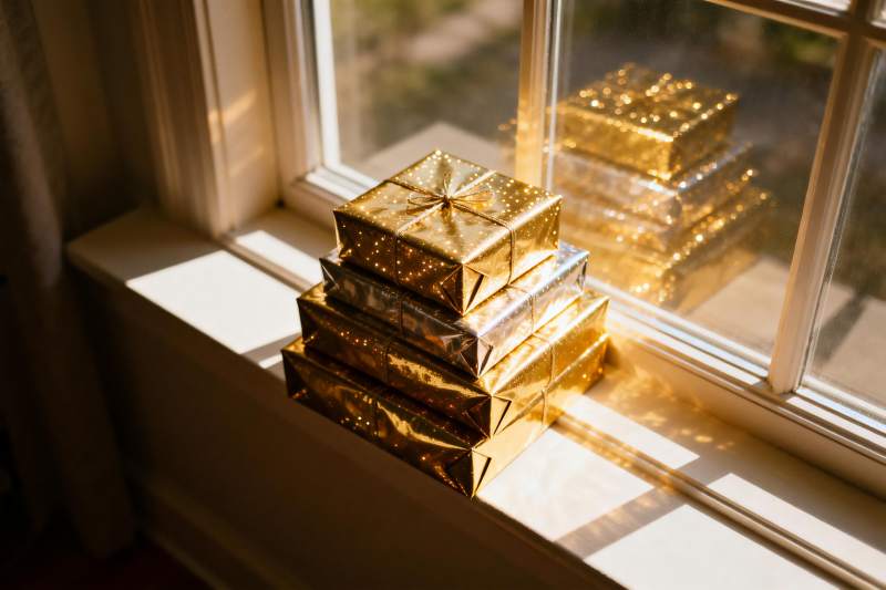 窗台金箔礼盒堆叠光影图片