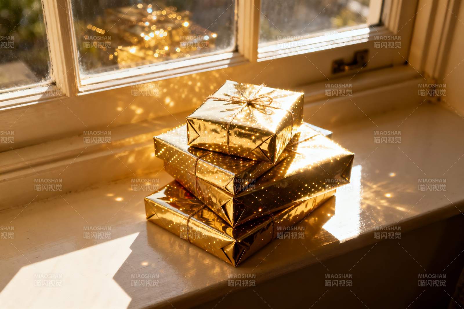 金色礼盒窗台堆叠光影图片
