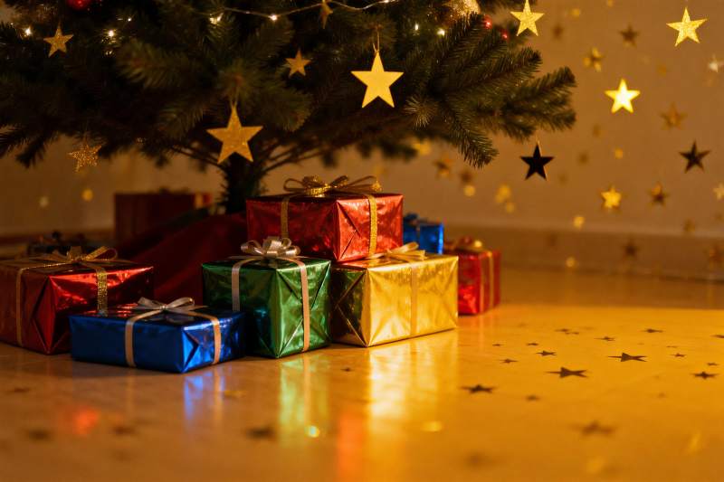 圣诞树下多彩礼盒图片
