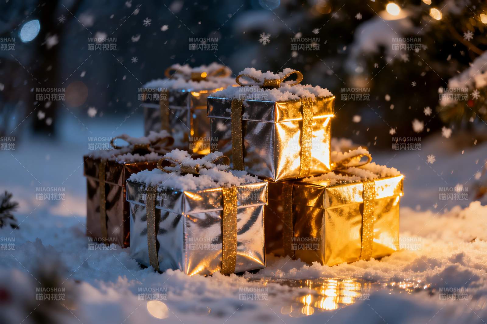 雪地金盒堆叠礼物图片
