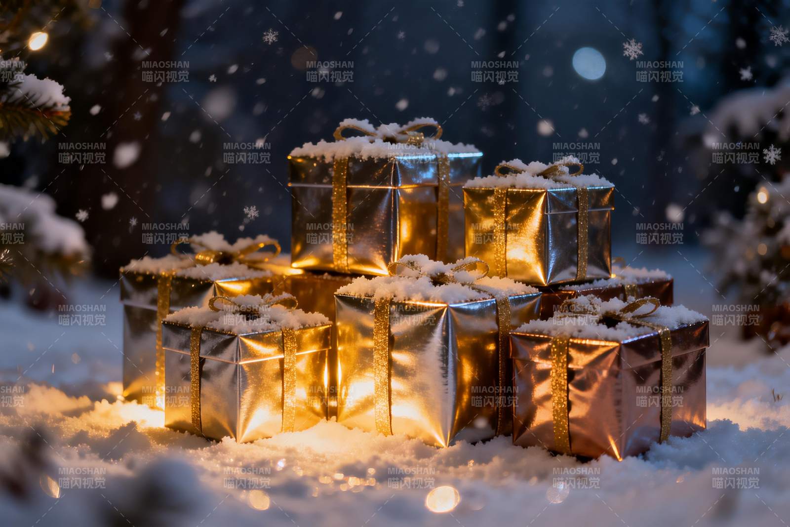 雪夜金盒礼物堆图片