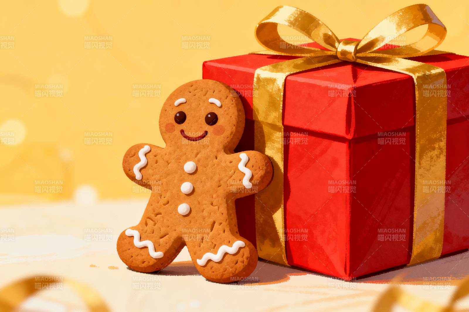 姜饼人与红色礼盒图片