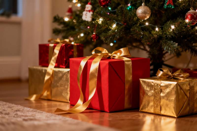 圣诞树下礼物盒温馨场景图片