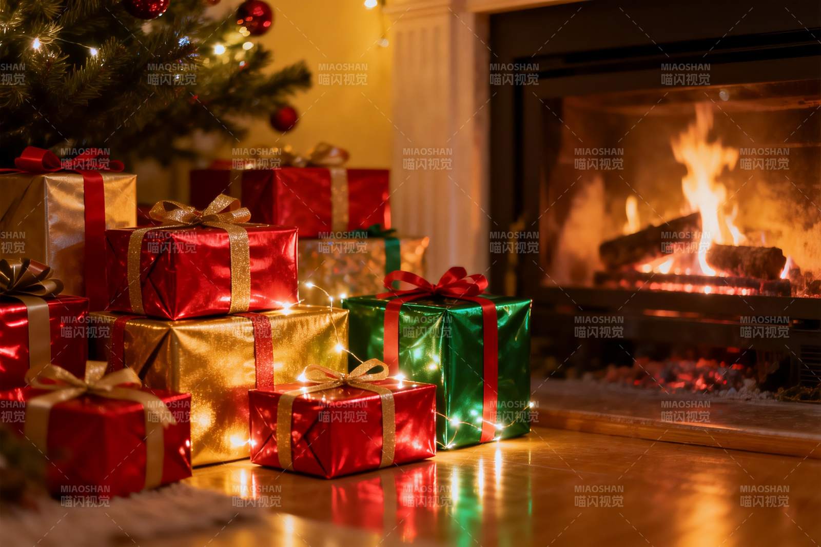 圣诞树旁壁炉前的礼物堆图片