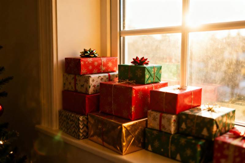 窗台礼物盒堆叠温暖阳光图片