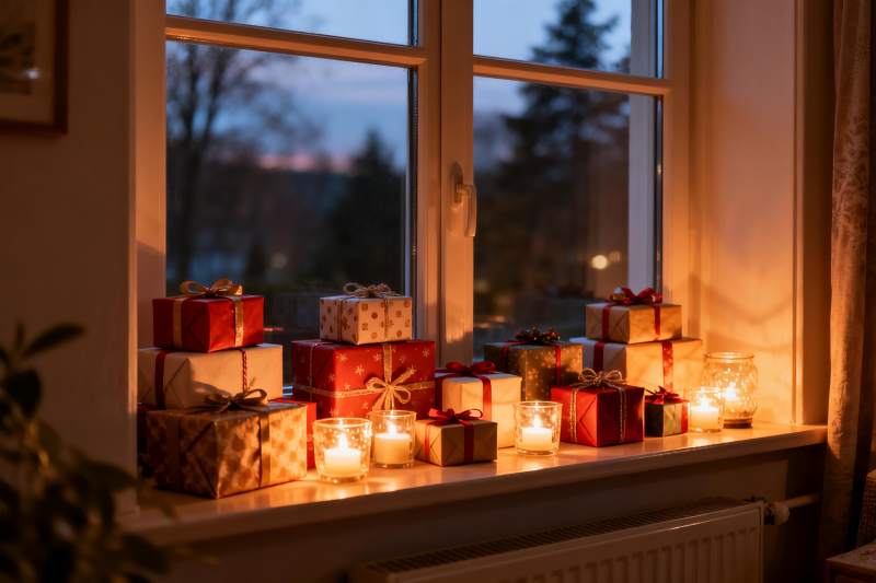 窗台烛光礼物温馨夜景图片