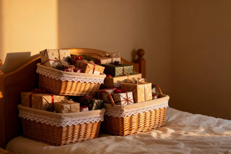 床头篮筐堆叠礼物盒图片