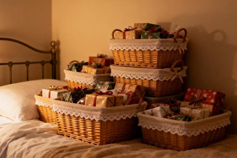 温暖灯光下床边的礼物篮图片