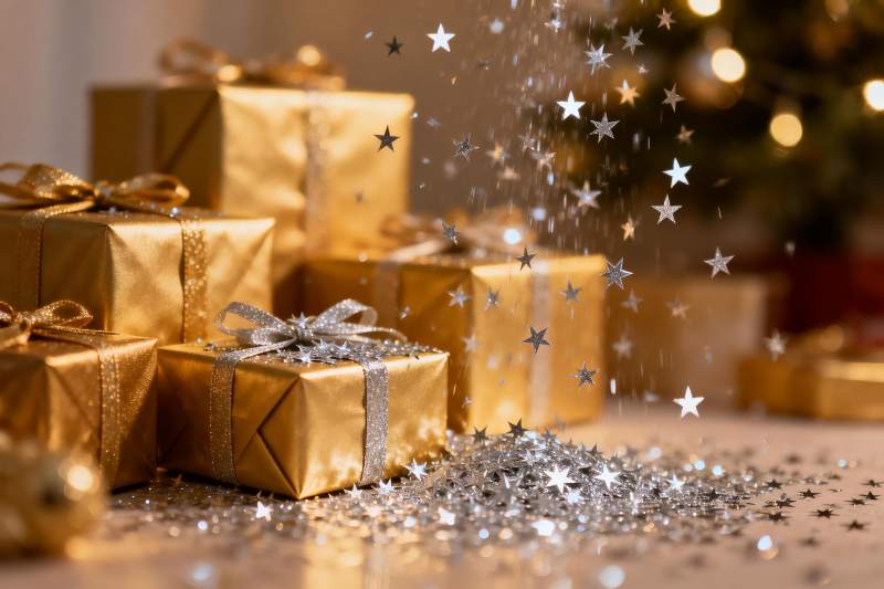 金色礼盒与星光点缀的节日场景图片