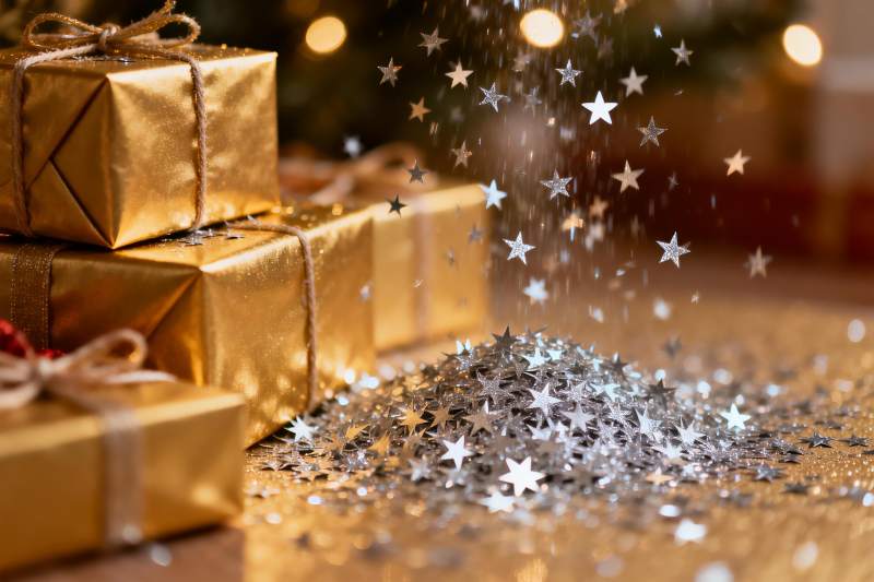 金色礼盒与星形亮片节日装饰图片