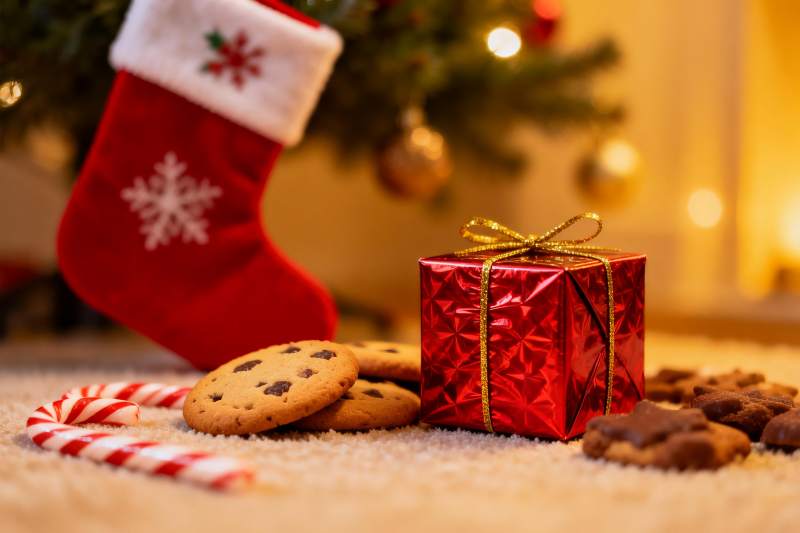 圣诞树下礼物饼干与拐杖糖图片